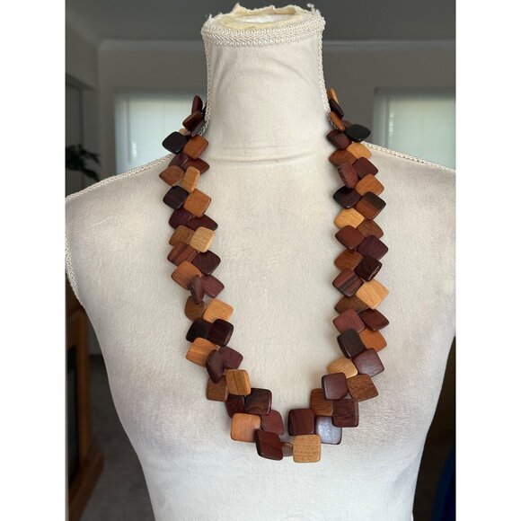 Vintage Shades of Stained Square Wooden Panel Necklace - Picture 1 of 6